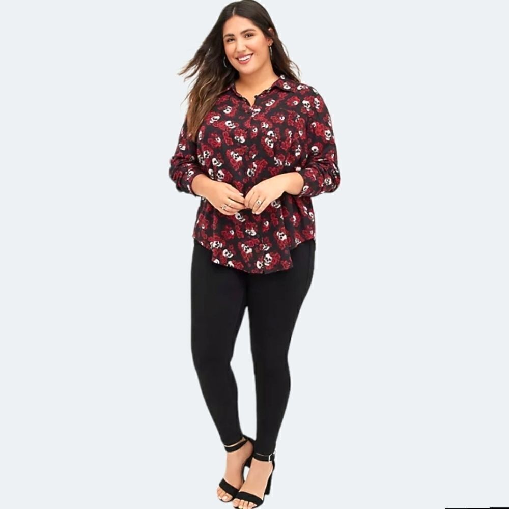 Torrid Plus Size Brushed Rayon LongSleeve Skull Floral Red Blouse 2X